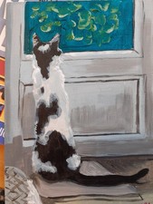 Acrylic 7 X 5 Inch Painting Black And White Kitten Sitting Up In Door Window