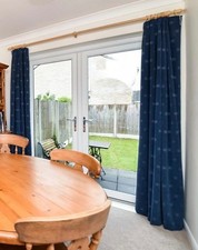 Blue Chenille / Velvet pair of curtains Dunelm 83.5” x 50”  lined geometric