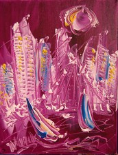 PURPLE   CITY  MARK KAZAV - ORIGINAL OIL PAINTING ABSTRACT MODERN ART  CANVAS