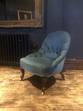 Original Antique Mahogany Petrol Blue Velvet Slipper Chair Manner of Gillows
