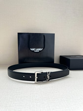 Saint Laurent Silver YSL Logo Women's Belt Classic Black Calfskin Leather 3.0CM
