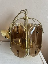 Stunning Vintage Large Brass 6 Panel Smoked Etched Glass - 3 Bulb Ceiling Light