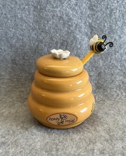 Yellow Ceramic Honey Miel Hive Pot With Plastic Dipper Bee And Lid