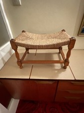 VINTAGE BEECH FRAMED STRING TOP STOOL WHICH HAS A NICE DISHED TOP AND TURNT LEGS