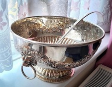 PUNCH BOWL Antique Silver Plate Footed Bowl with copperFloral Decor & lion rings