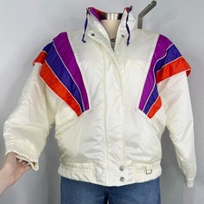 VIT 80s Ski Jacket Women’s Large White Colorblock Winter Coat Retro Streetwear
