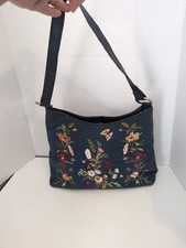 BUENO Navy Denim Handbag EMBROIDERED FLOWERS Gold Hardware