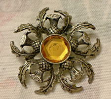 Vintage Scottish Thistle Brooch, large 5cm Orange Citrine Styled Glass