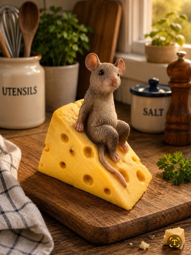 Mouse sat cheese wedge - sat, on