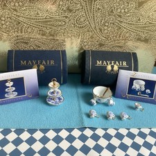 Dolls House Porcelain Cake Stand & Punch Bowl Blue White Gold Mayfair Damaged