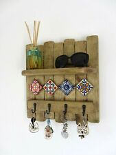 Rustic Mexican style reclaimed wood wall hanging key hooks with shelf 