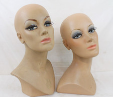 2 Vintage Fiberglass Mannequin Head Wig Painted Eyes Halloween Bust Eyelashes
