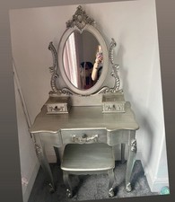 Dunelm Toulouse Silver Dressing Table With 3 Drawers And With Mirror And Stool