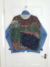DENIM TRUCKER JACKET UNISEX Vintage American Flag Jeans Hand painted Bejeweled L