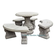 Large Round Garden Table & 3 Curved Benches  Cast Stone Patio Furniture  Handcra