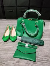 Ladies Brand New Green Matching Shoes, Bag And Umbrella Size 3.5