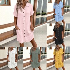 Short Sleeve Shirts Dress Beach Sundress Casual Loose Sewing Dress Solid Fashion
