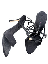 PURA LOPEZ SANDALS STRAPPY BLACK SUEDE PEARL BUTTON STILETTO HEEL SIZE 40C NEW