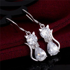 Pear Cut Lab-Created Moissanite Kitten Cat Design Drop Earrings 14k Gold Plated