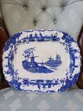 Large Antique Blue and White Meat Serving Platter Decorative Ceramic Plate 