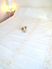 Antique  French white cotton hand embroidered double bedspread / Large bedspread