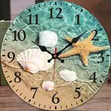 Tropical Beach Starfish & Seashells Wooden Clock, Blue Sea, Silent Clock, 30cm