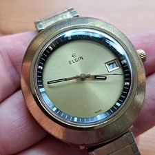 Mens 1970s Big Elgin UFO Watch, Stadium Dial, Good Cond, Runs