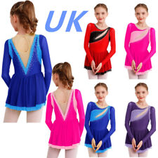 UK Girls Long Sleeve Sequins Ice Roller Figure Skating Dress Ballet Dancewear