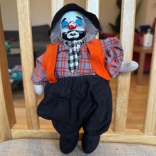 Vintage Hobo Clown Doll Porcelain Head Fabric Clothes & Hat stuffed legs 9"