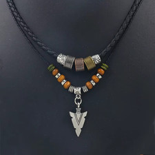 Layered Leather & Beaded Necklace - Vintage Tribal Arrow Pendant for Men UK