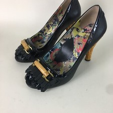 MISS L FIRE HIGH HEEL SHOES Black Real Leather Basket WEAVE HEEL London Court 6