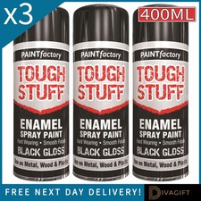 3 x 400ML ENAMEL BLACK GLOSS SPRAY PAINT WOOD METAL PLASTIC CRAFT TOUGH STUFF