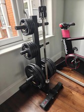 York Olympic Plate Tree Rack + 85Kg olympic weight set, barbell, clamps