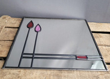 VINTAGE STAINED LEADED GLASS MIRROR HAND MADE IN SCOTLAND Pink Purple 12"×12" 