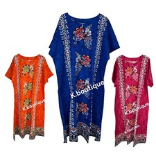 New Womens 100% COTTON Long Kaftan Dress Summer Ethnic Print Beach One Size
