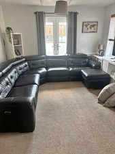 Double Reclining Black Large Leather Corner Sofa  + Footstool (PTP)