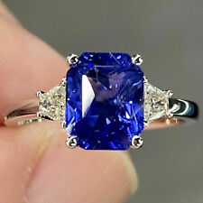 4Ct Radiant Blue Sapphire Three Stone Engagement Ring 14K White Gold Over UK M-T