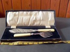 Vintage Chromium Plate Silver Large Fish Knife & Fork Serving Set Cutlery Boxed
