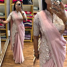Designer Women Chinon Saree Ready to Wear with Embroidered Stitched Blouse Sari