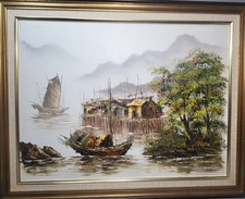 Oil Painting Oriental Junk Ships Honk Kong Seascape with Mountain Background