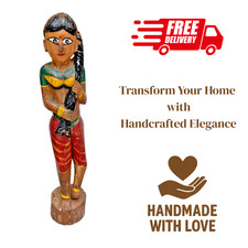 Antique Finish Wooden Woman Figurine Hand Carved Indian Doll Home Decor Gift