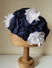 Vintage 50s/60s Style Women's Hat Church Wedding Blue Pleated White Flowers.