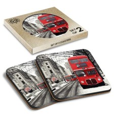2 x Boxed Square Coasters - London Red Bus UK Winter Snow  #14648