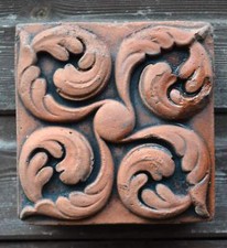 Victorian decorative brick copy antiqued terracotta wall tile "Curled leaves"