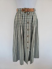 Vintage Skirt Long Green Check Cotton Linen Smart Retro Size 12 Belt Pockets