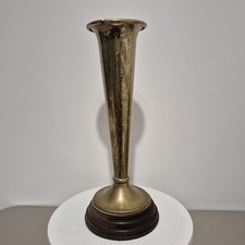 Large Vintage Brass Vase - 36cm Tall Trumpet Vase Wooden Base *see description