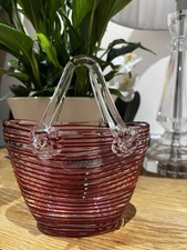 Lovely Vintage Laguna Glass From Murano Clear & Red Striped Design Handbag Vase