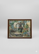Vintage Framed Tapestry Picture Needlepoint Country Cottage Garden 66 X 52cm