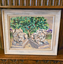 20th Century Oil On Canvas Study Of  A Garden Statue Lions Maggie Thompson