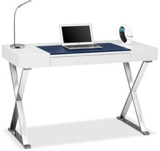 Centurion Supports ADONIS White with Built-In Luxury Dark Blue Leather Pad Desk